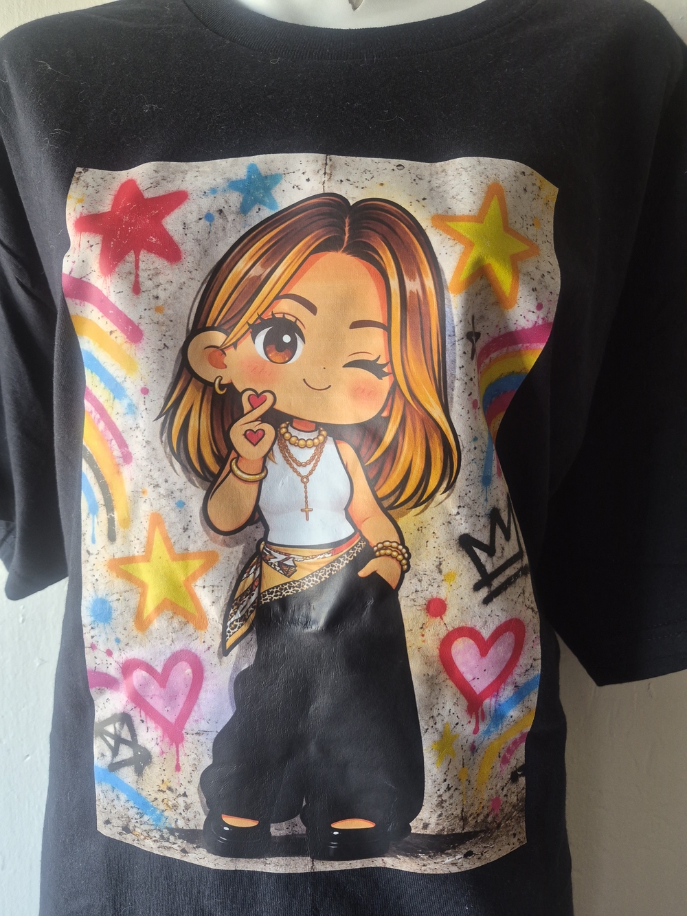 Gildan Black Kids Tee with Colorful Cartoon Girl Graphic 1xl